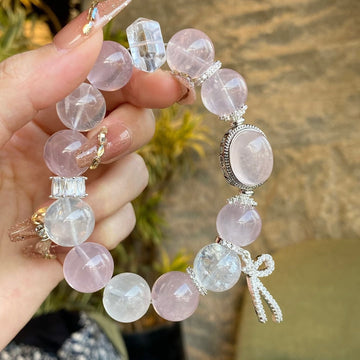 Blossom Radiance: Rose Quartz, Clear Quartz & White Agate Bracelet