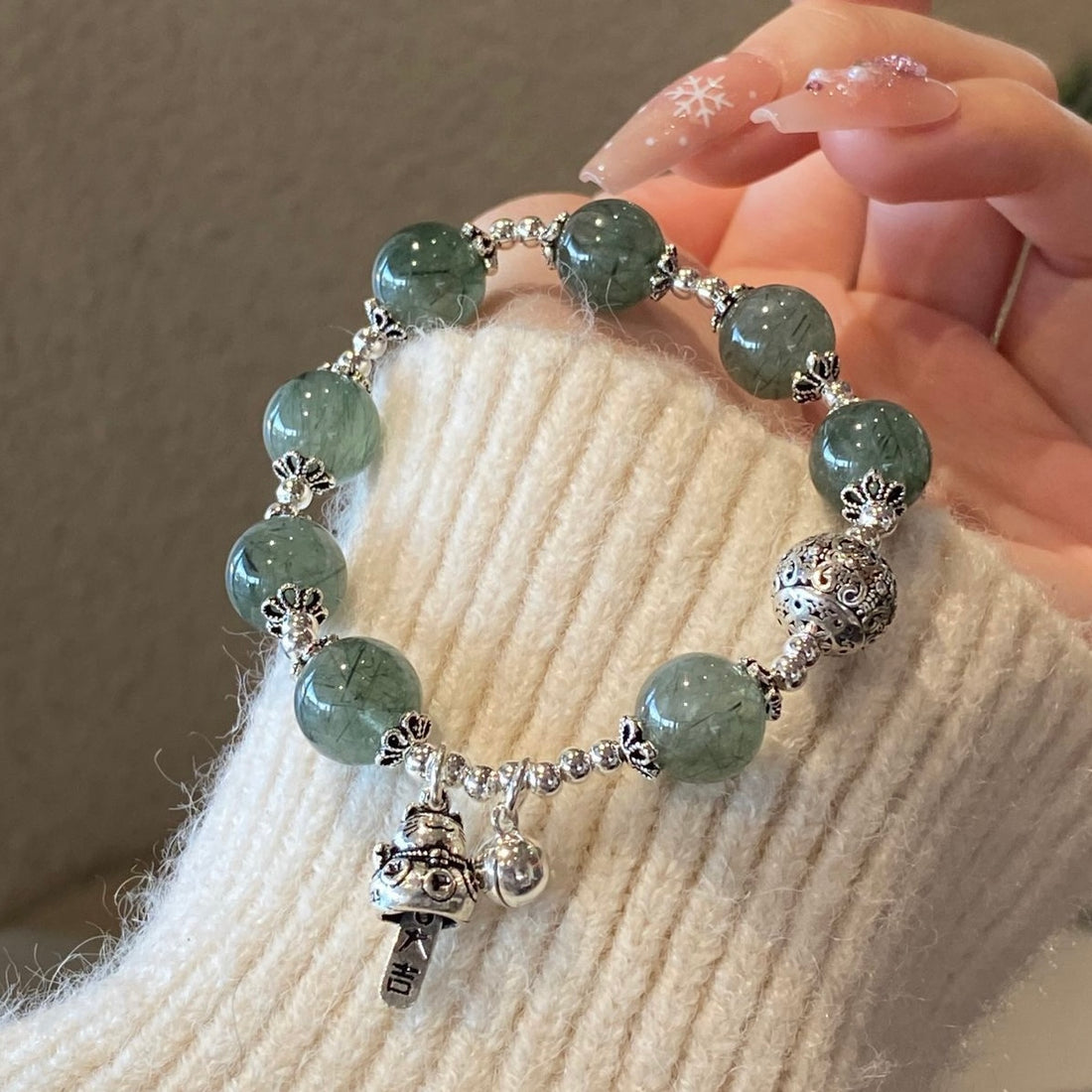 Emerald Whisper：Green Rutilated Quartz Crystal Bracelet