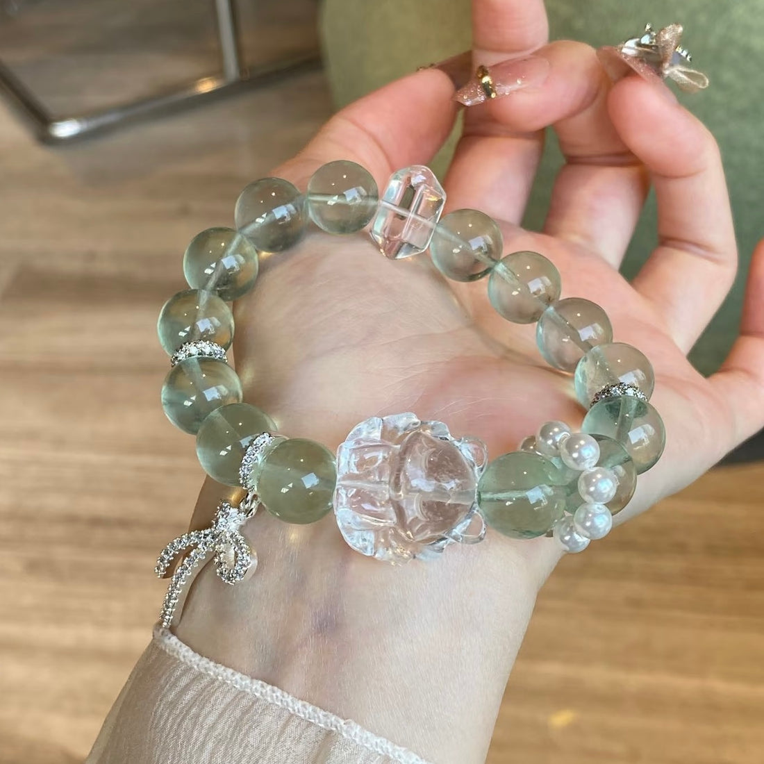 Spring Preface: Green Fluorite & Clear Quartz Crystal Bracelet