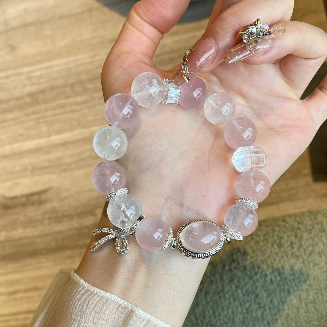 Blossom Radiance: Rose Quartz, Clear Quartz & White Agate Bracelet