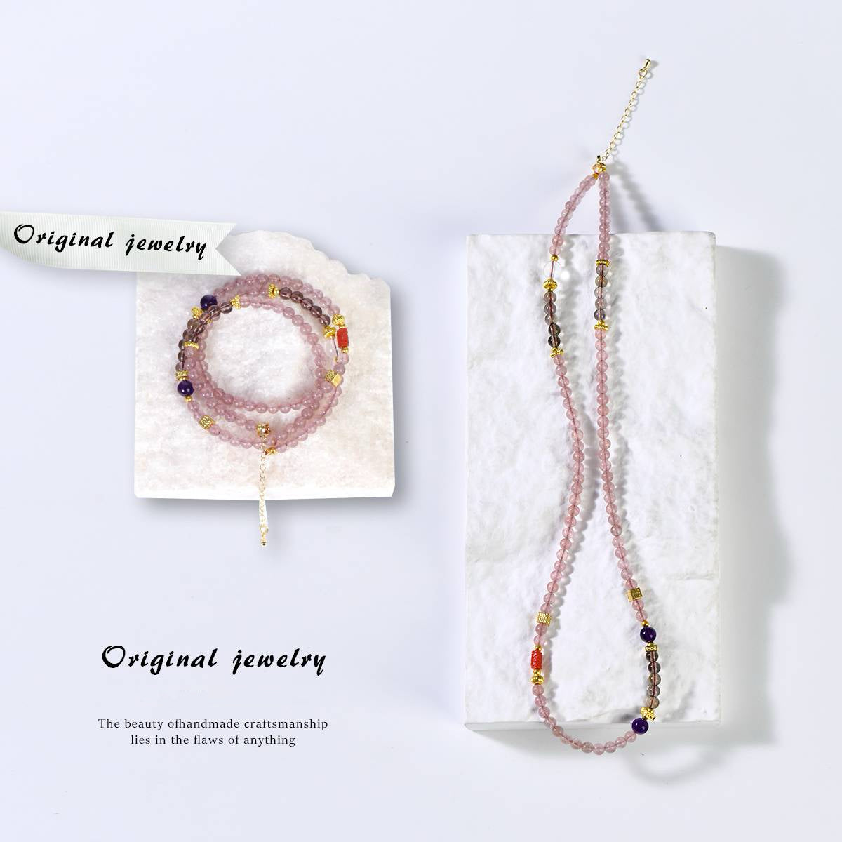 Strawberry quartz bracelet necklace dual-purpose style