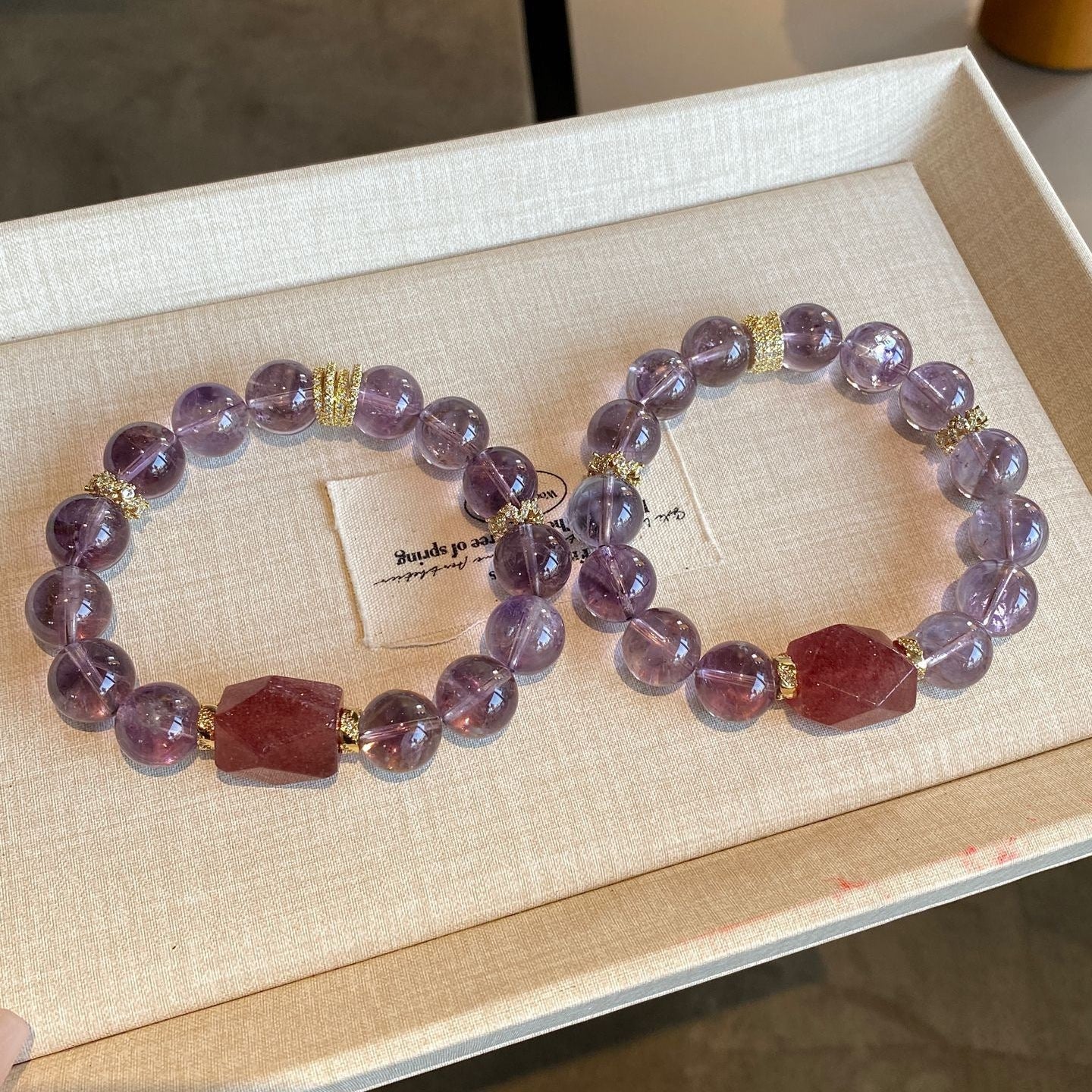 Moonlit Serenity：Strawberry Quartz & Amethyst Crystal Bracelet