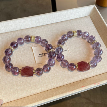 Moonlit Serenity：Strawberry Quartz & Amethyst Crystal Bracelet